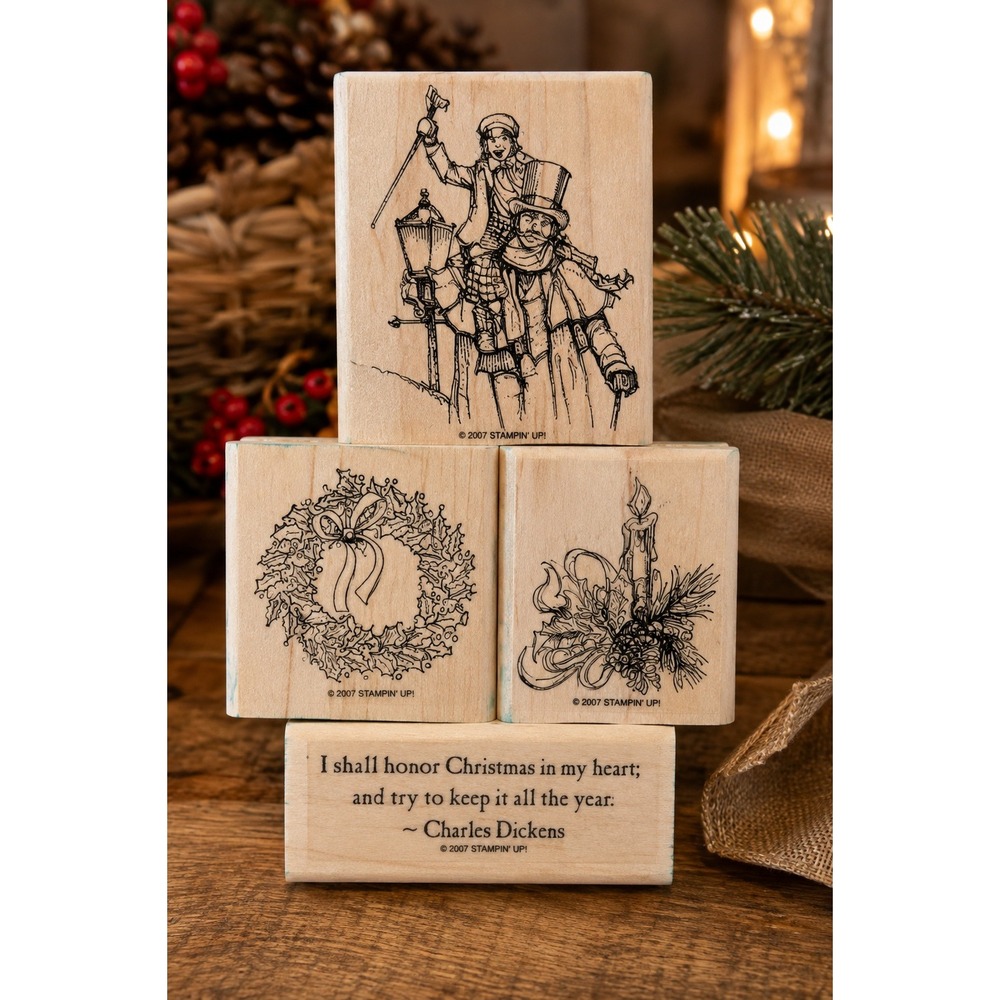 Stampin Up 2007 Christmas Carol Tiny Tim Dickens Quote Wood Rubber Stamps 4pc